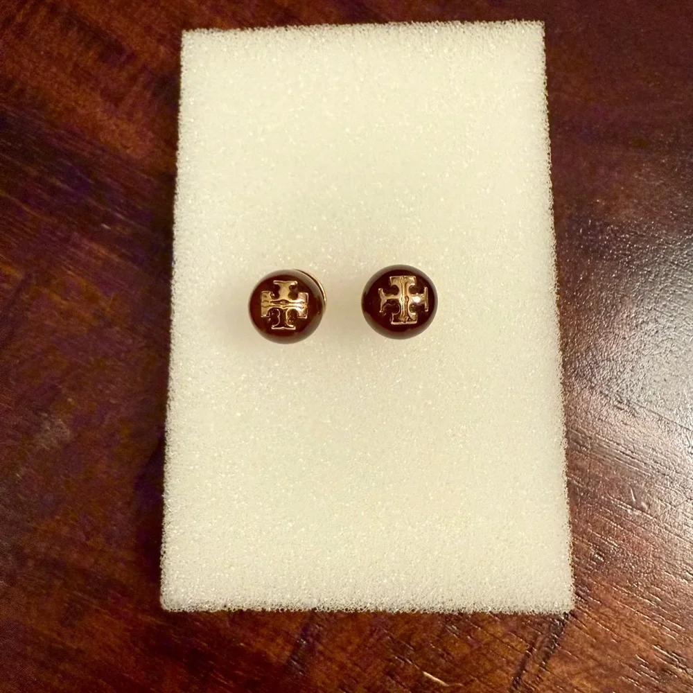 Tory Burch Gold and Brown Logo Stud Earrings - Picture 1 of 3